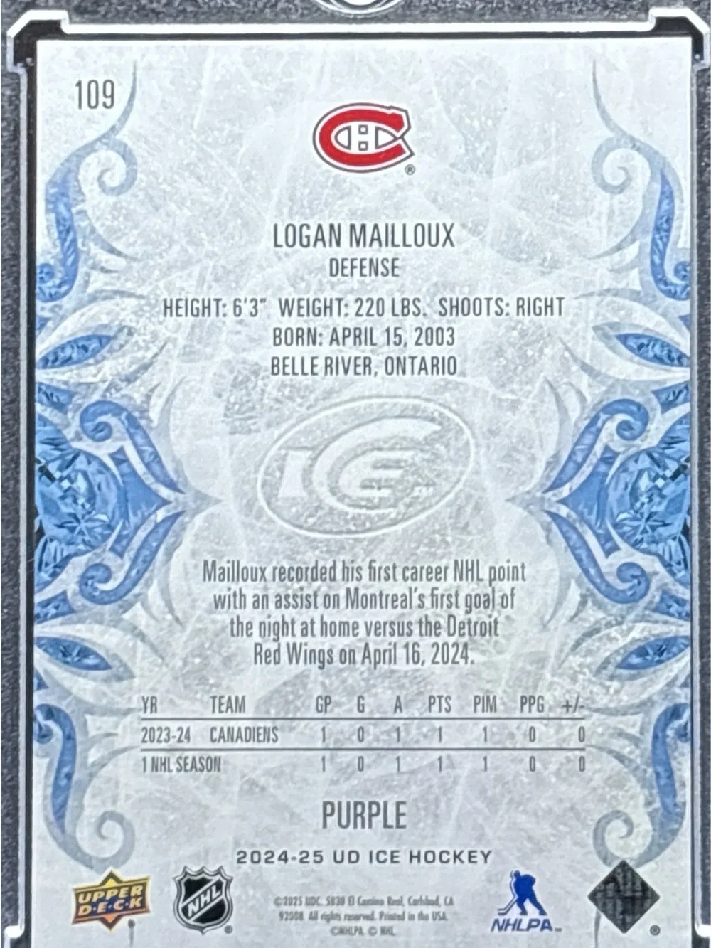 Upper Deck Logan Mailloux Montreal Canadiens Rookie Trading Card - Purple Prizm
